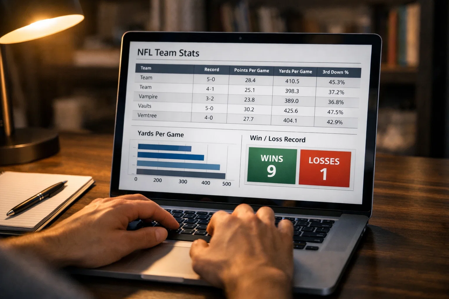 Person analysiert NFL-Statistiken und Daten auf einem Laptop