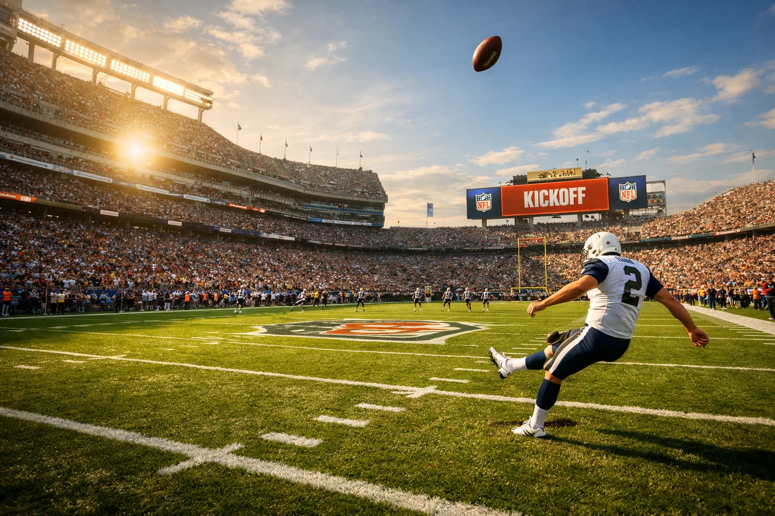Kickoff bei einem NFL Spiel im voll besetzten Stadion