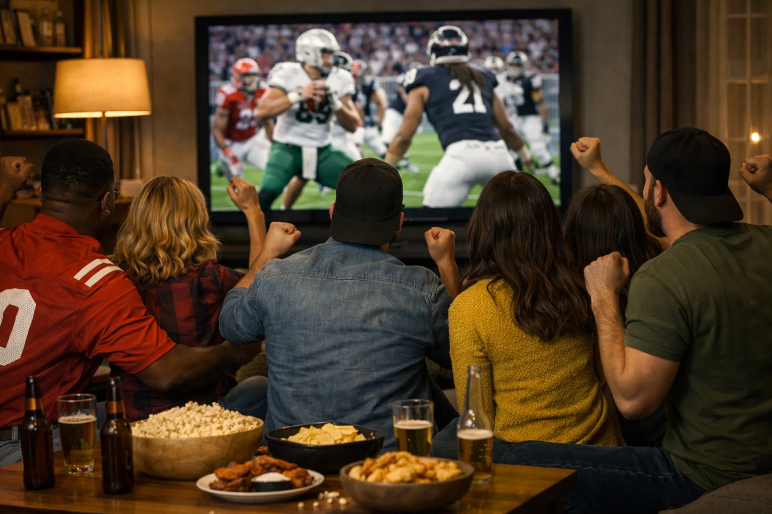 Freunde schauen gemeinsam ein NFL Spiel im Wohnzimmer