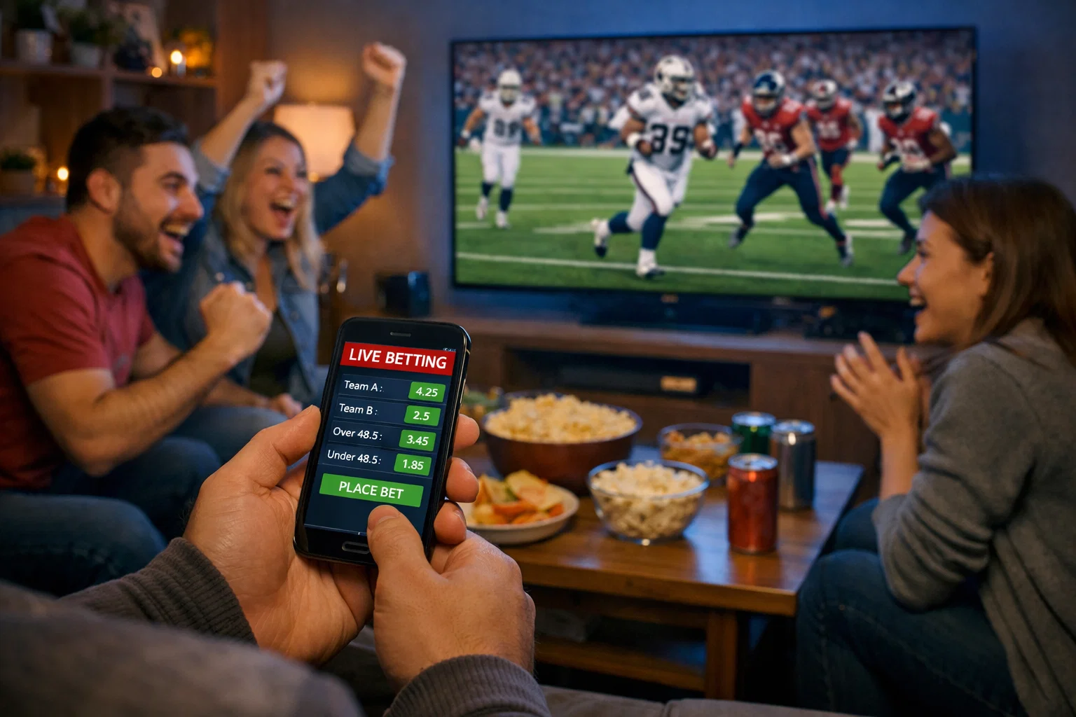 Fans schauen ein NFL-Spiel live auf einem großen Bildschirm in einem Wohnzimmer