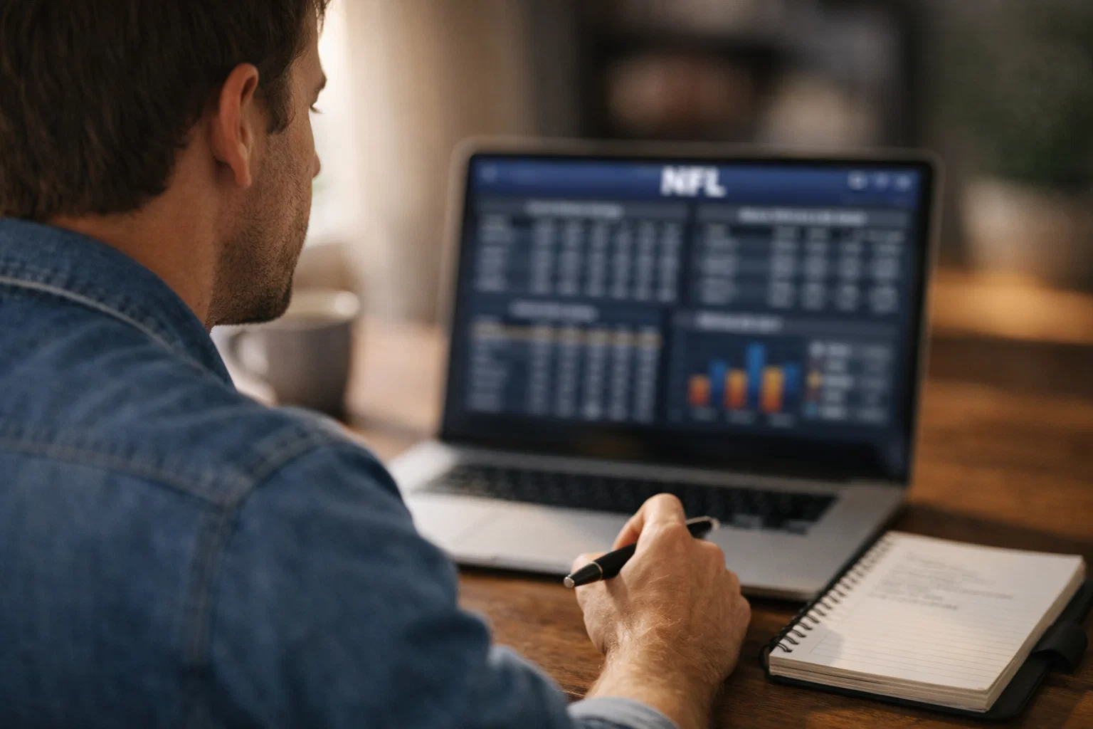 Person analysiert NFL Statistiken auf einem Laptop mit Notizbuch