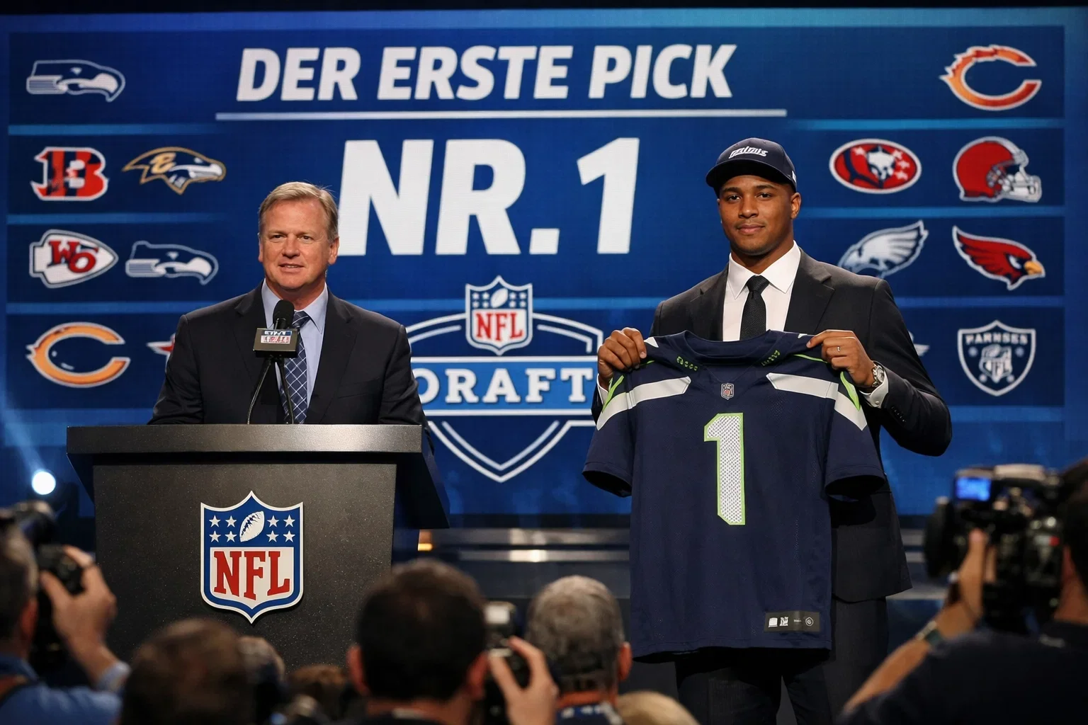 NFL Draft Bühne mit Commissioner und wartenden Prospects