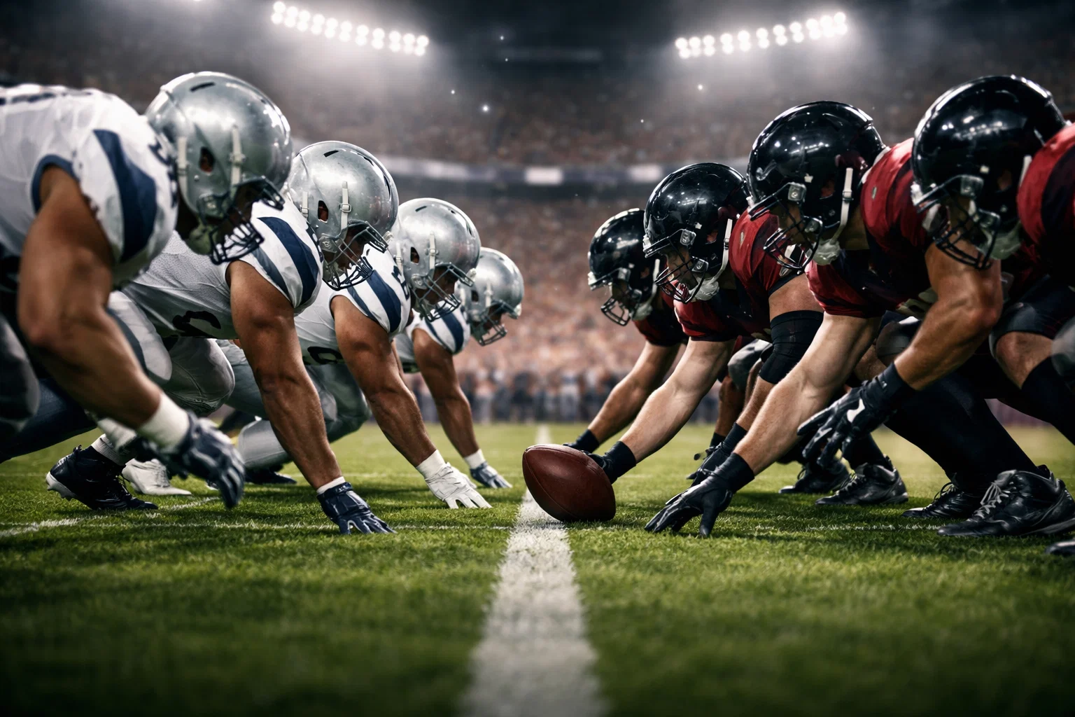 Intensiver Spielmoment während eines NFL Spiels auf dem Football Feld