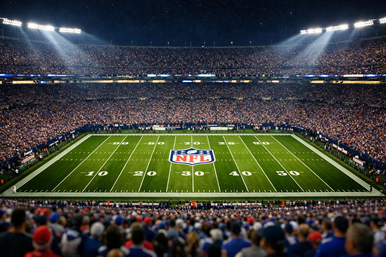 NFL-Stadion bei Nacht mit dramatischer Beleuchtung und Footballfeld