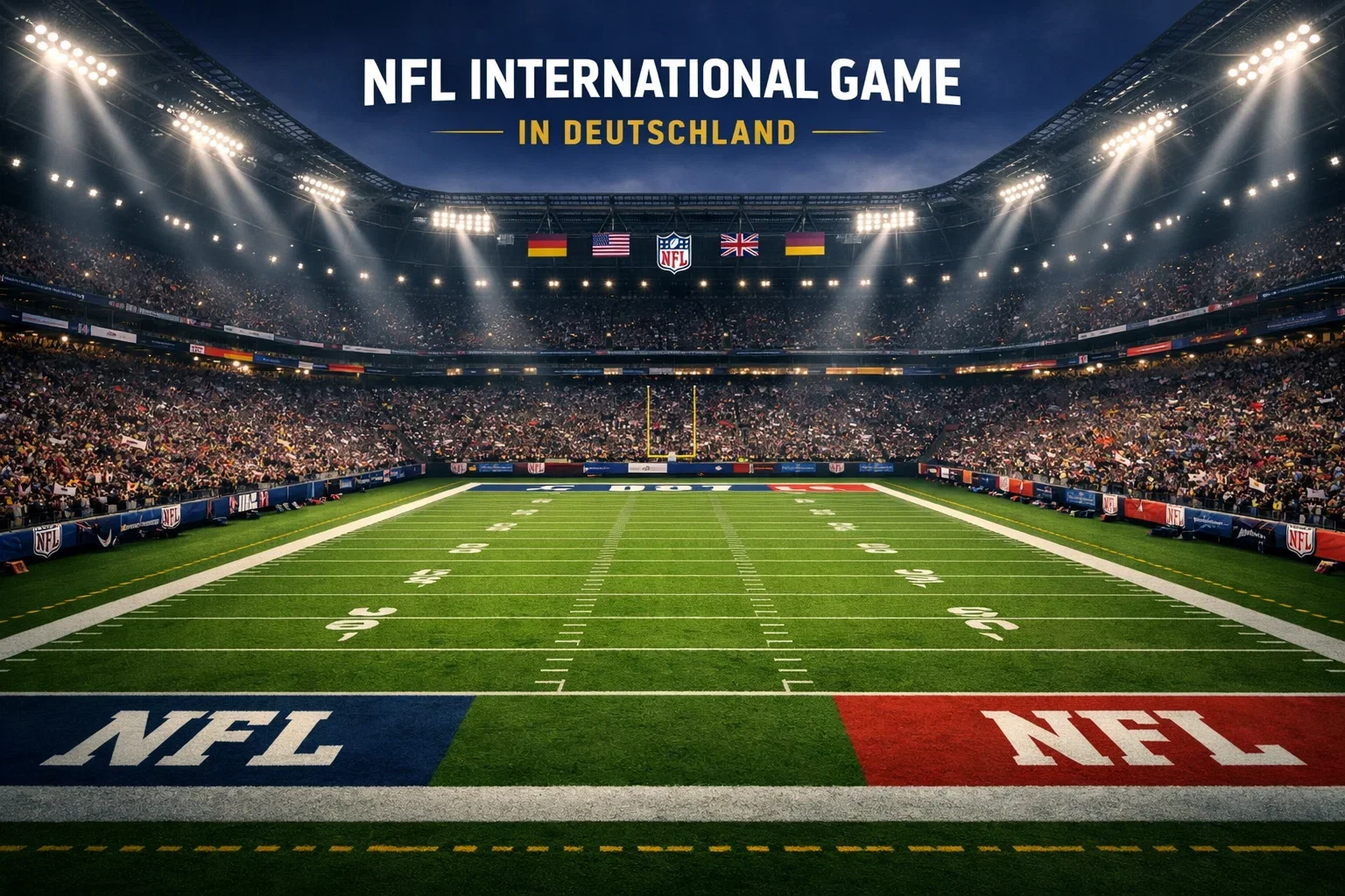 American Football Spielfeld in einem europäischen Stadion mit NFL-Markierungen