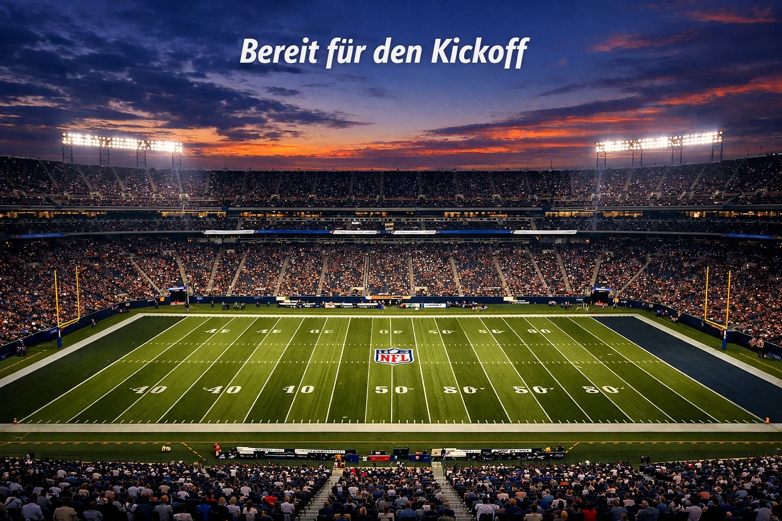 NFL Stadion vor Spielbeginn mit Flutlicht und Spielfeld