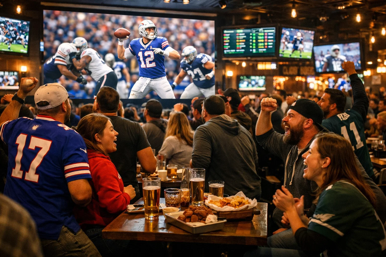 Fans verfolgen ein NFL-Spiel live auf großem Bildschirm in einer Sportsbar