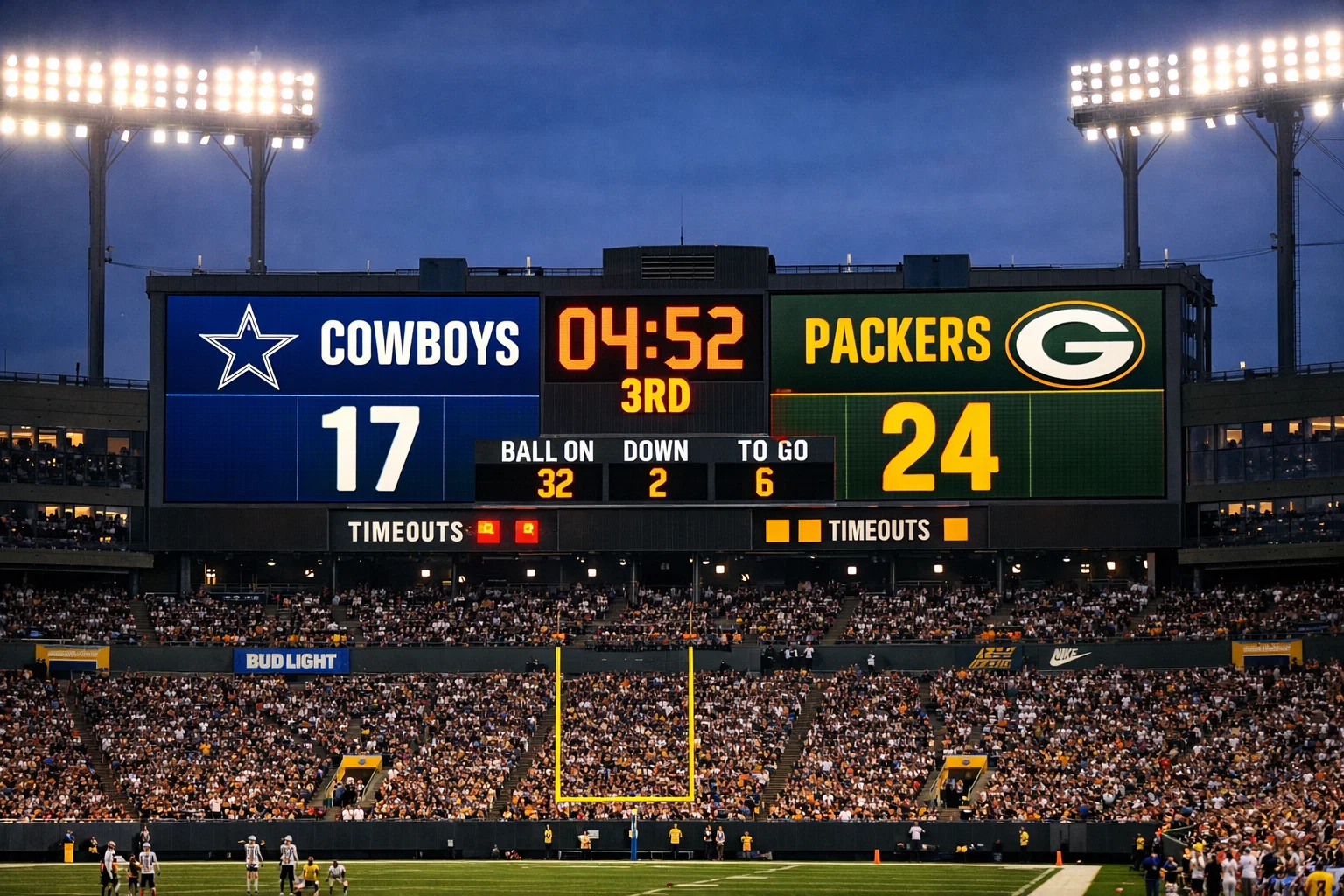 NFL Anzeigetafel mit Spielstand in einem Stadion