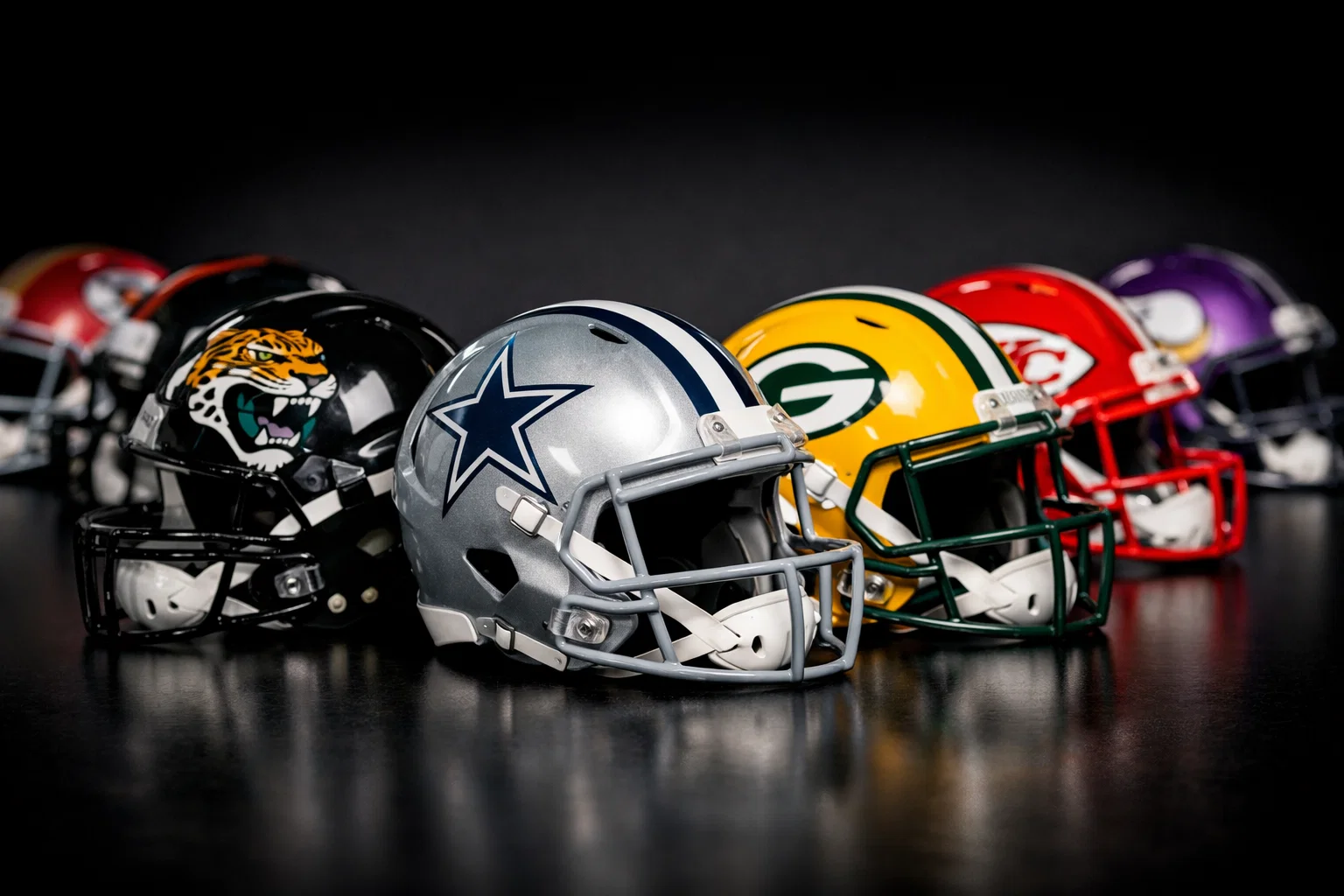 Mehrere NFL Teams Helme nebeneinander aufgereiht