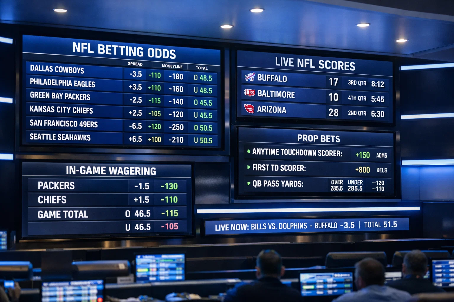 Sportwetten-Display zeigt sich ändernde NFL Quoten auf mehreren Bildschirmen