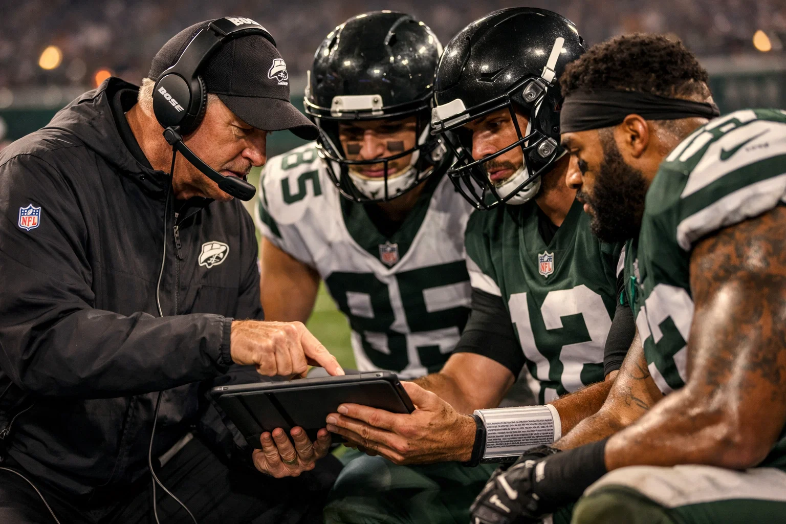 NFL Spieler und Trainer analysieren die Spielstrategie am Spielfeldrand