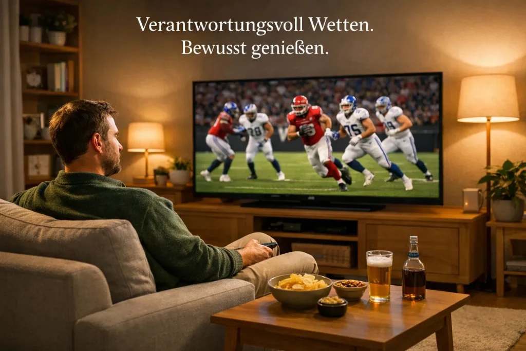 Person genießt NFL-Spiel entspannt im Wohnzimmer