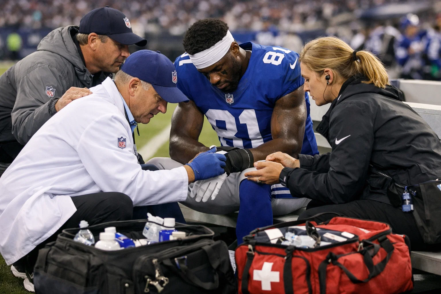 NFL Spieler wird vom medizinischen Team am Spielfeldrand behandelt