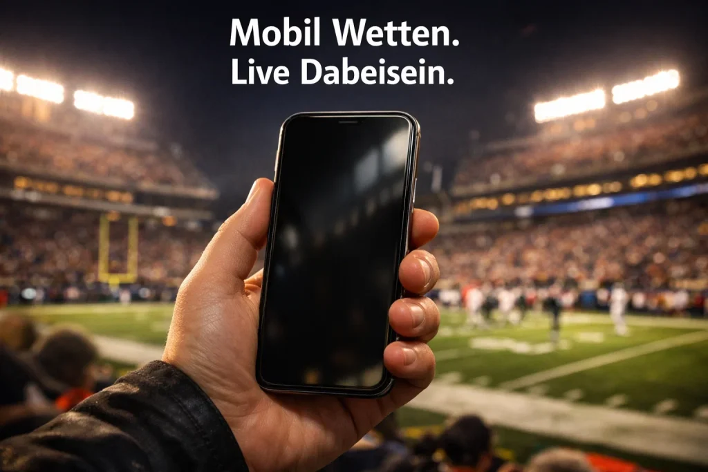 Smartphone mit NFL Spiel im Hintergrund eines beleuchteten Football Stadions