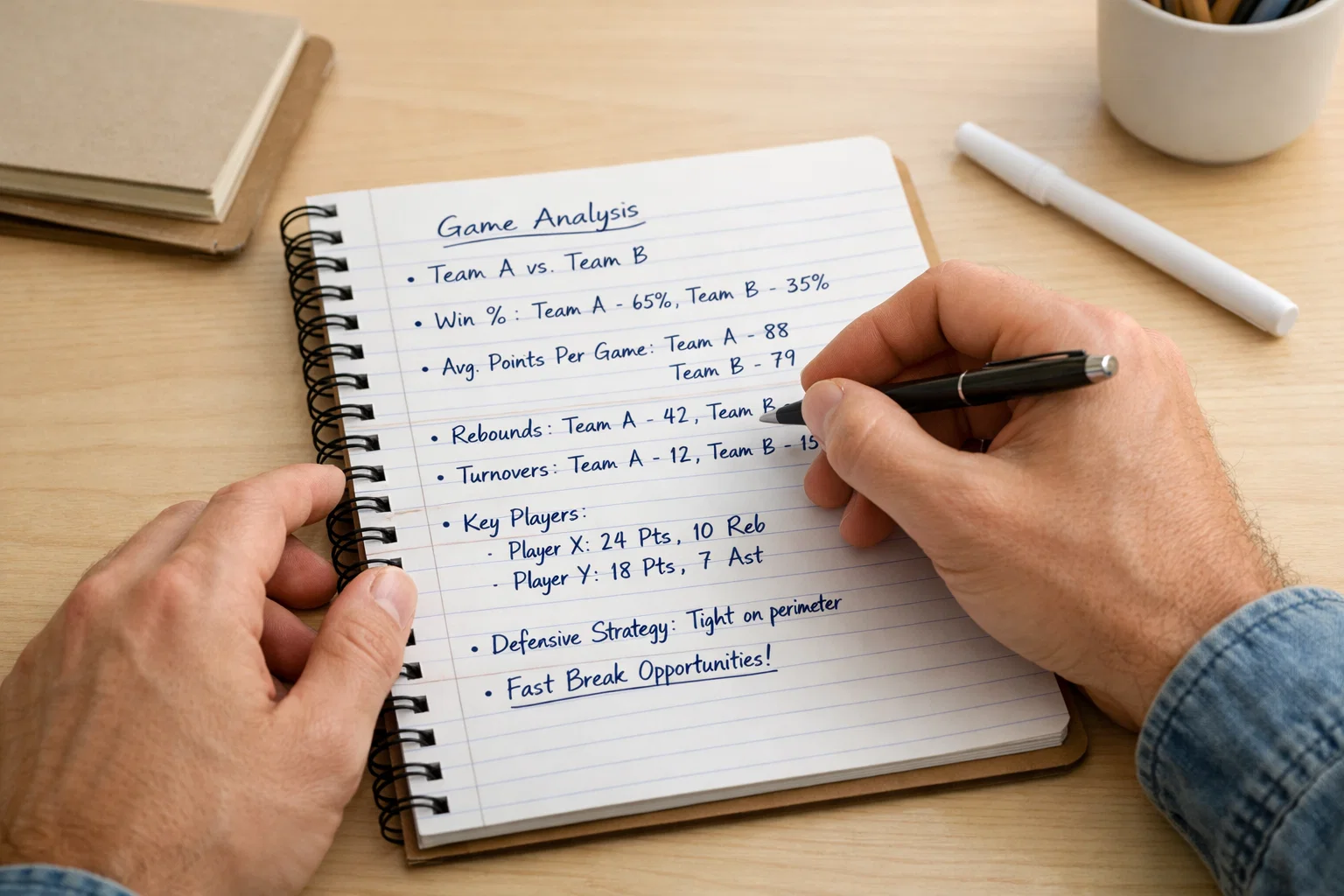 Person analysiert Sportstatistiken mit Notizen und Stift