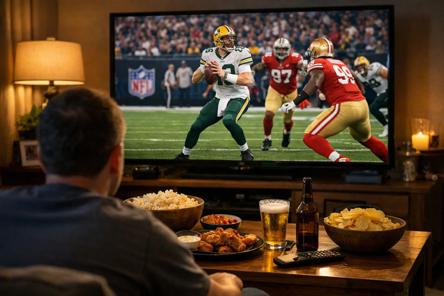 Person verfolgt ein NFL Spiel auf einem Bildschirm zu Hause