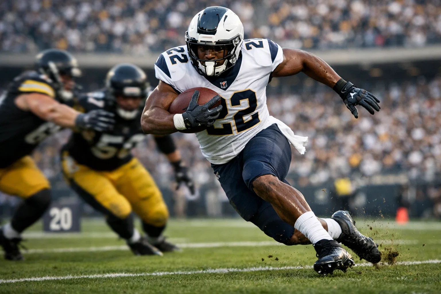 Running Back trägt den Football und weicht Verteidigern aus