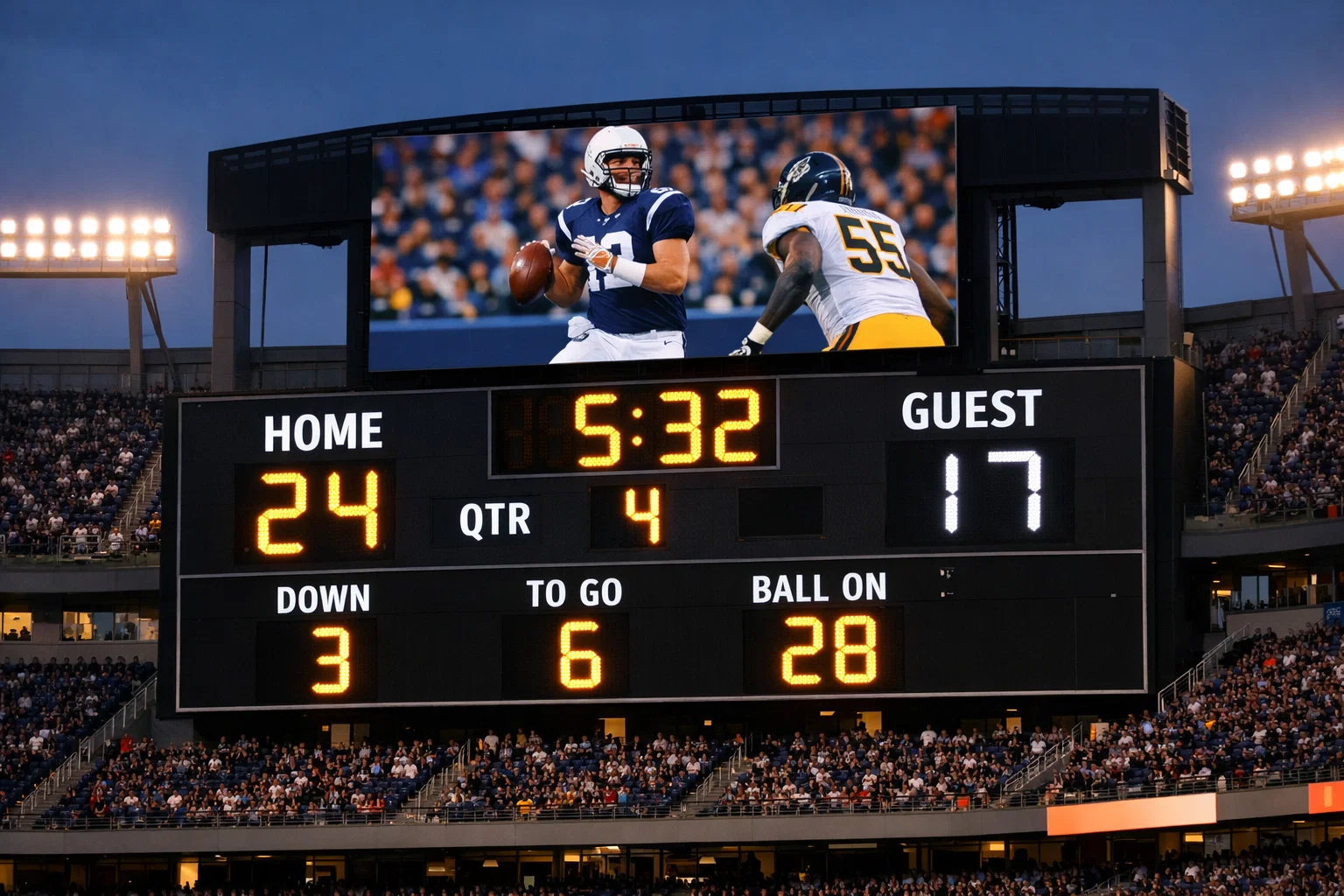 Anzeigetafel im American Football Stadion mit Spielstand und Uhr