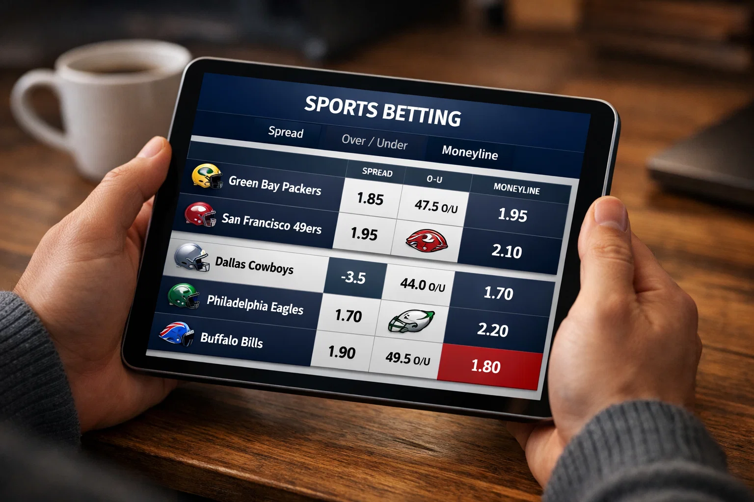 Tablet-Bildschirm mit Sportwetten-Interface und NFL-Wettquoten