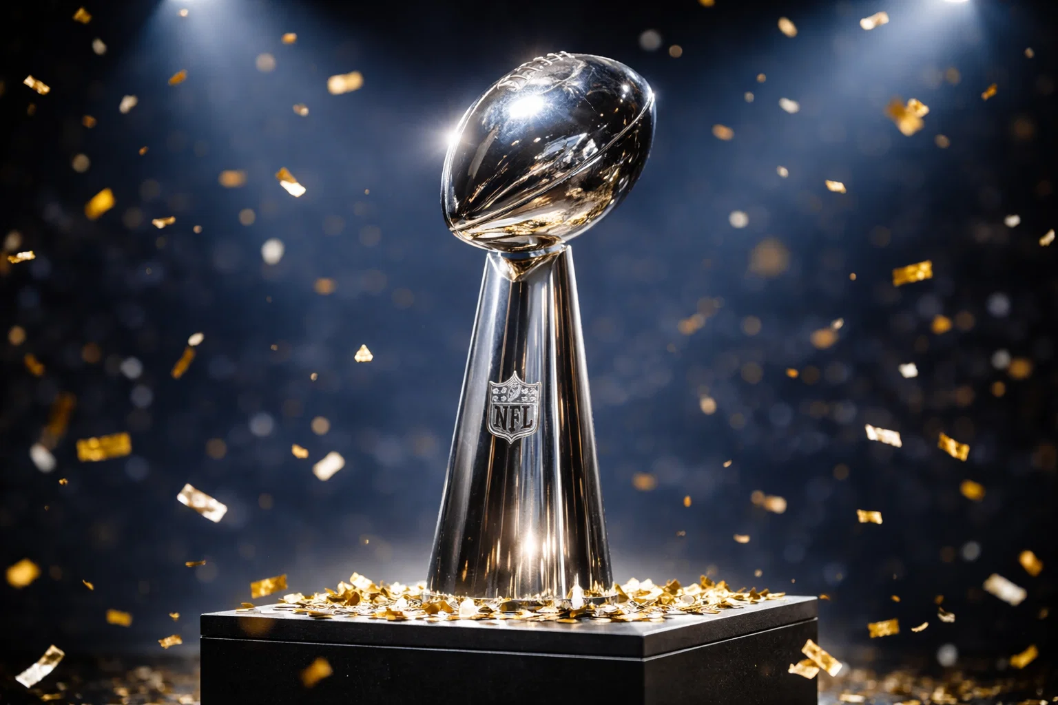 Vince Lombardi Trophy und Super Bowl Atmosphäre mit Konfetti