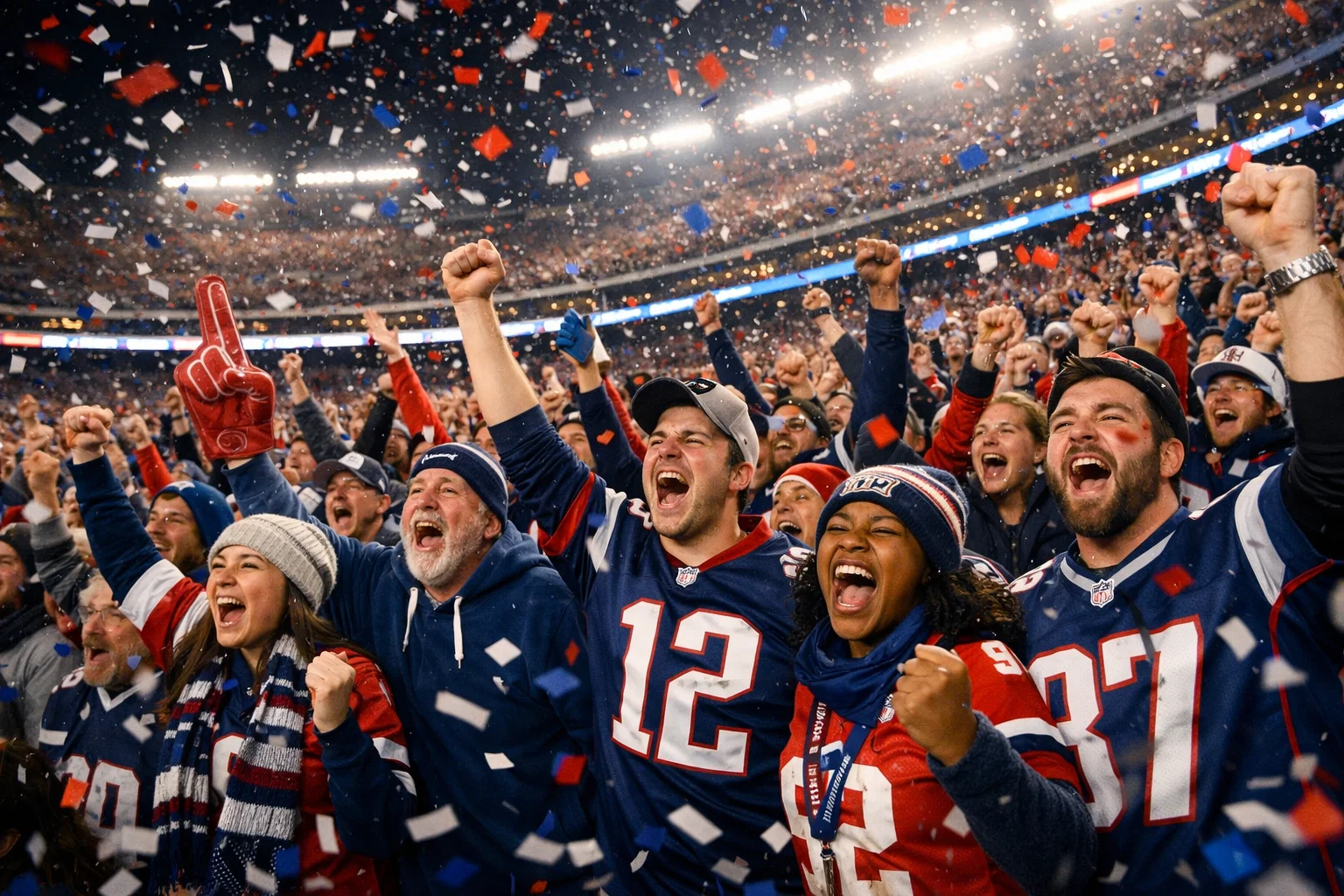 Begeisterte American Football Fans feiern im Stadion mit Konfetti