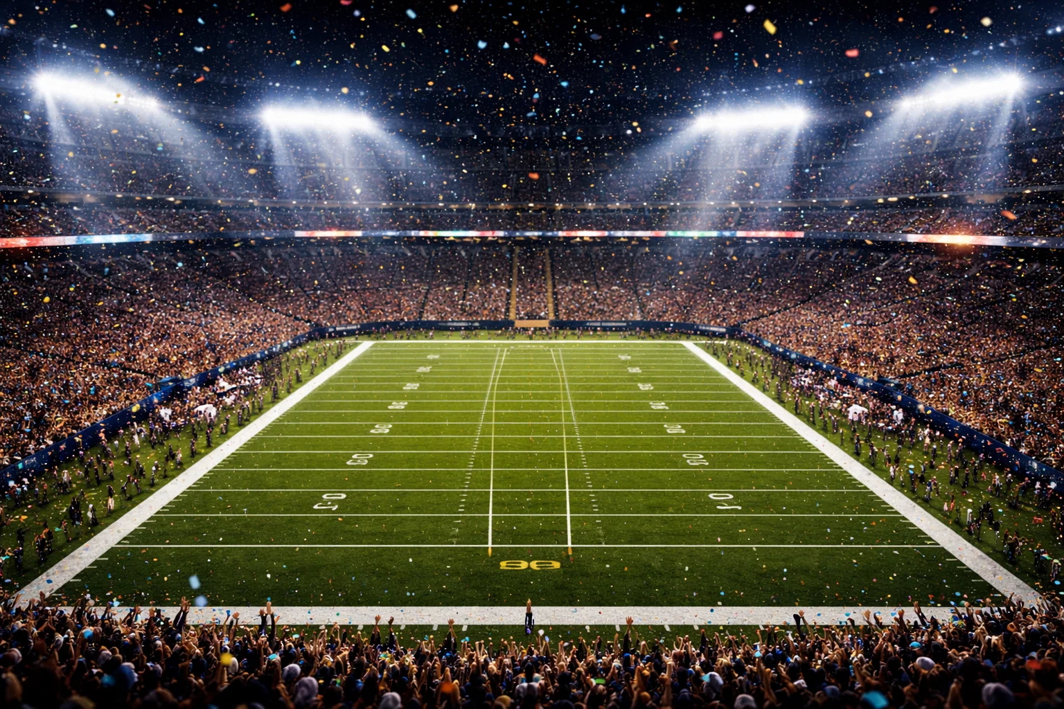 Beleuchtetes American Football Stadion bei Nacht mit Blick auf das Spielfeld