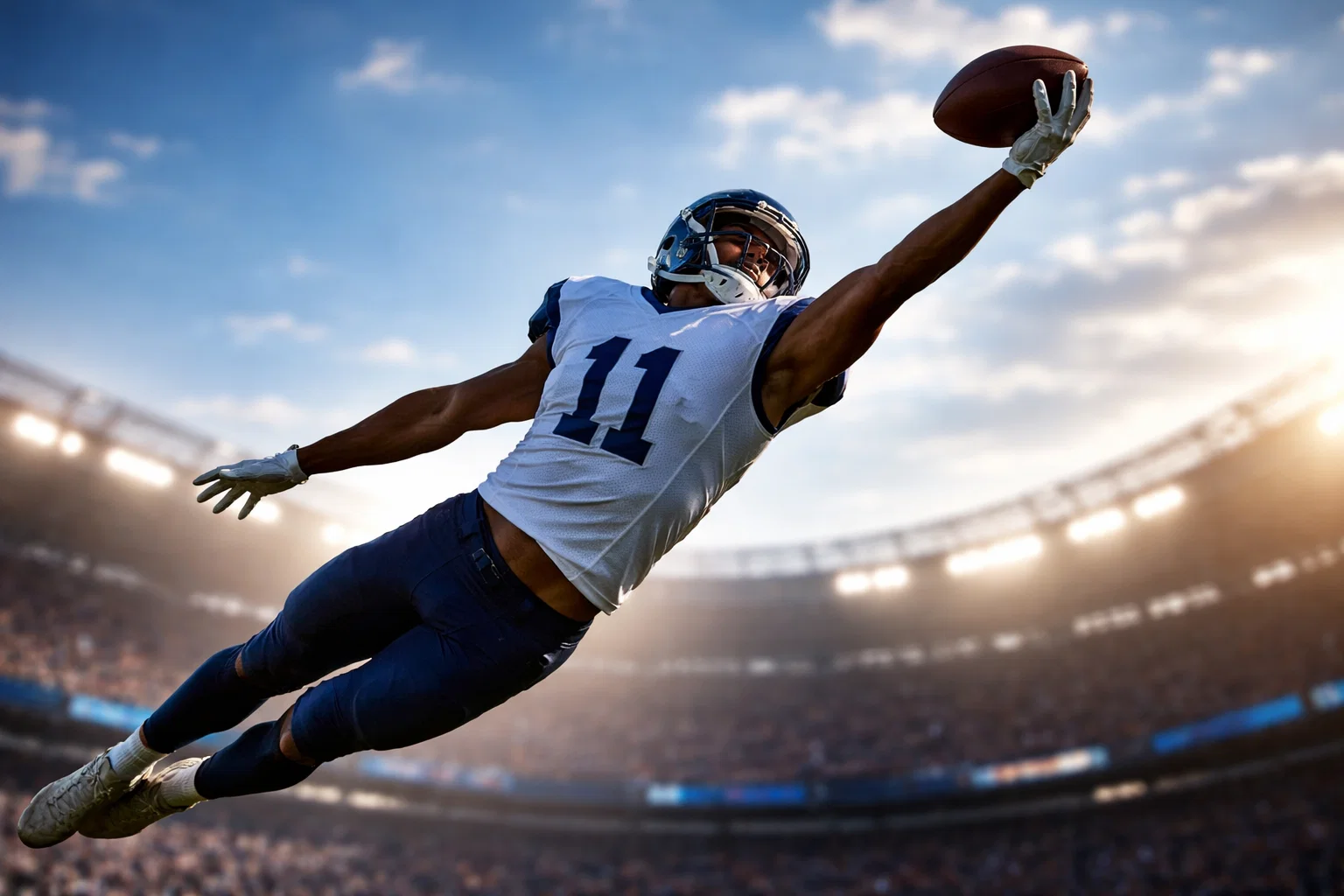 Wide Receiver fängt einen Football im Sprung während eines Spiels